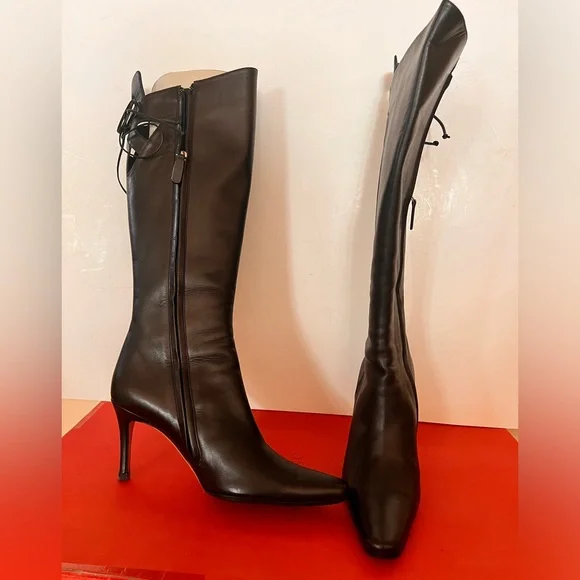 Valentino Gravani Leather Black Bow Italy tall Boots Italy Size 37.5 37 1/2 - Picture 10 of 13